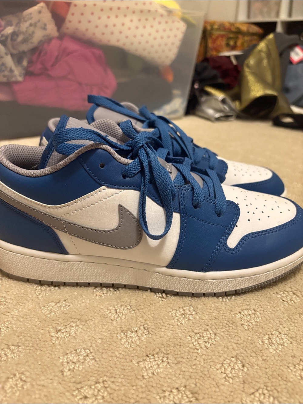 Kids Blue and White Athletic Sneakers with Gray Swoosh